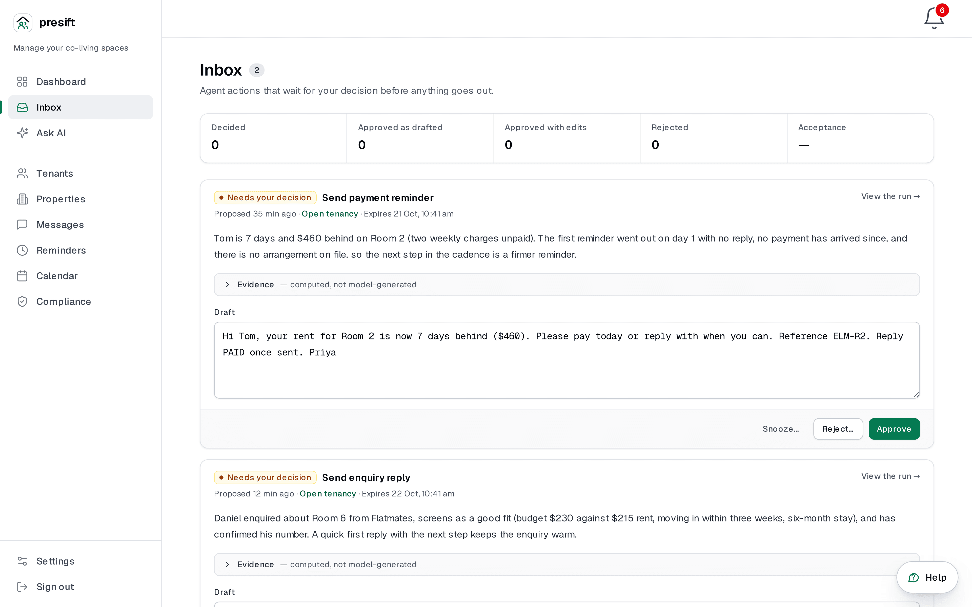 The Presift Inbox: proposals from the agents waiting for approval